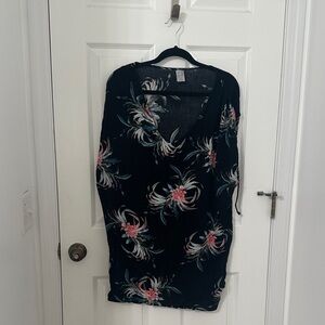 Black Floral V-Neck Swim Coverup with Pink Accents